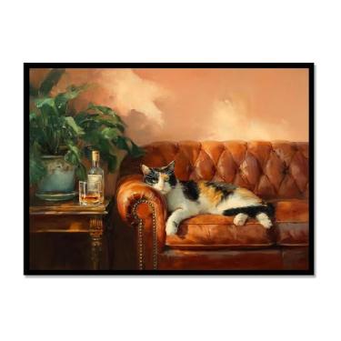 Imagem de Gato preto com estampa de arte de Martini fofo gato peculiar coquetel bar decoração moderna casa cozinha arte de parede pintura em tela pôster estética (SKU8,20.3x30.5 cm = (20x30cm), moldura de metal