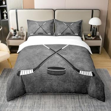 Imagem de Capa de edredom solteiro 100% algodão hóquei no gelo, tema de jogo de bola de esportes da moda, cinza escuro, macio para crianças, conjunto de cama esportivo moderno com taco de hóquei, 2 peças (sem