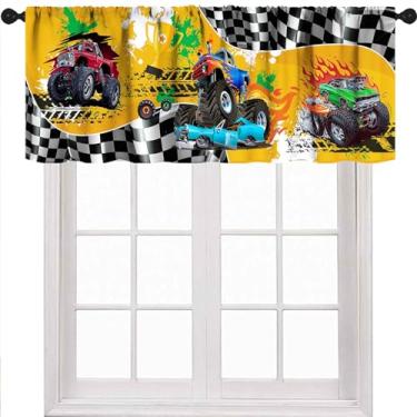 Imagem de Lnepty Cortina curta para janela de caminhão para quarto de meninos, desenho animado monstro xadrez bandeira estádio jogo cortinas curtas tratamento de janela para adolescentes meninos crianças quarto