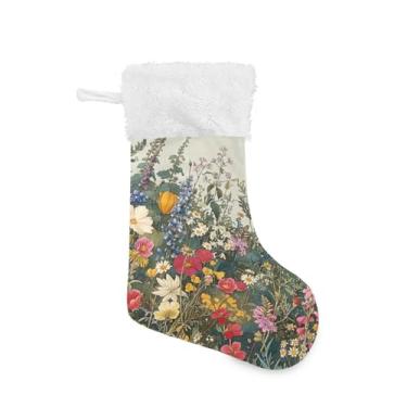 Imagem de ATTX Meias de Natal de flores silvestres em aquarela, suportes de presente brancos de pelúcia para decorações de festas de fim de ano (17,7 polegadas, 1 pacote) #370