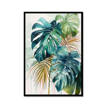 Imagem de Arte de parede de folhas tropicais – Impressão de folha de palmeira verde aquarela, pôster Monstera, decoração de plantas tropicais modernas para sala de estar em casa (SKU3,12 x 40,6 cm = (30 x 40 cm