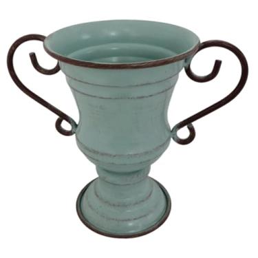 Imagem de Generic Vaso de flores vintage em formato de troféu, decorativo e, feito de ferro, ideal para jardim, quarto, mesa ou escritório, Azul