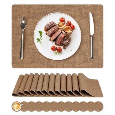 Imagem de Jogo americano de vinil, conjunto de 12 tapetes de couro sintético à prova d'água e resistente ao calor, tapetes de mesa laváveis antiderrapantes com porta-copos para ambientes internos e externos, 43