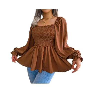 Imagem de Blusa De Chiffon Feminina De Manga Longa Com Ruffles E Peplum, Cor Sól