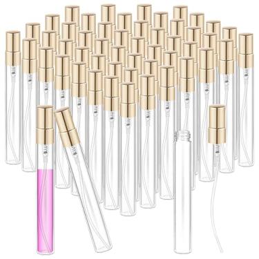 Imagem de KisSealed 50 frascos de spray de névoa de vidro transparente de 10 ml, recarregável, mini atomizador de perfume vazio para viagem, frasco de amostra com tampa dourada, recipiente de maquiagem para