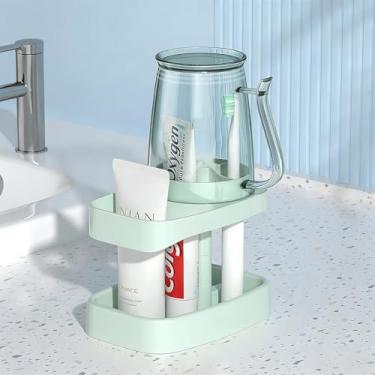 Imagem de Suporte de escova de dentes de banheiro, material plástico 4 compartimentos, conjunto de suportes de escova de dentes com copo de enxaguante bucal, para acessórios de bancada de banheiro, organizador