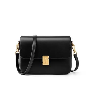 Imagem de FULNES Bolsa tiracolo feminina de couro genuíno, design luxuoso, pequena bolsa quadrada de couro bovino, bolsa de ombro feminina, presente feminino, Preto, 23-7-17cm