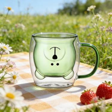 Imagem de Copo de urso de vidro de 238 g, caneca de vidro de parede dupla com alça verde para leite, café, suco, água, chá