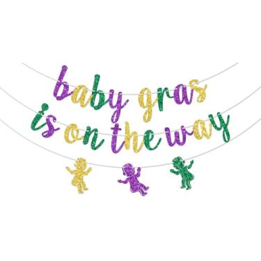 Imagem de Faixa Baby Gras is on the Way, decorações de chá de bebê, baile de máscaras de carnaval, suprimentos de decoração de festa de aniversário de bebê, roxo, verde e dourado