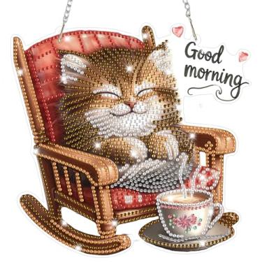 Imagem de Bowetile Kits de pendurar arte de diamante para adultos, arte de diamante, apanhadores de sol, bom dia, gatos, 5D, formato especial, pintura de diamante, pingente, enfeite de janela, presentes para