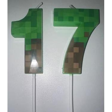 Imagem de Vela de aniversário pixel, velas com número mineiro de 6,8 cm, decoração de aniversário com tema de jogo, para festa de videogame dinamite com tema pixel, aniversário, aniversário (verde, 17)