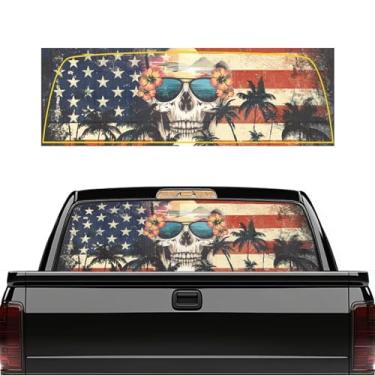 Imagem de Poceacles Adesivo de vinil perfurado para janela traseira de caminhonete, proteção UV, impermeável, decoração patriótica, adequado para decalques automotivos, caveira bandeira americana, palmeira