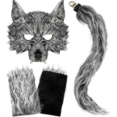Imagem de Máscara de lobo de Halloween, fantasia de lobisomem realista para adultos, homens e mulheres, festa cosplay (01-cinza)