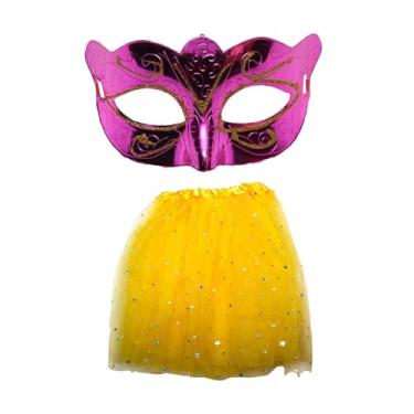 Imagem de Kit Fantasia de Carnaval Máscara Rosa Com Saia Tule Amarela