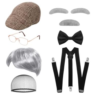 Imagem de Gvhntk Conjunto de acessórios de fantasia de velho homem 1920 velho chapéu suspensórios gravata borboleta sobrancelhas falsas bigode para vovô Halloween cosplay