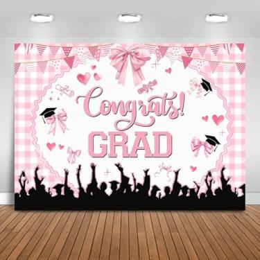 Imagem de Fitumiw Pano de fundo de formatura laço rosa parabéns decoração de festa de graduação parabéns graduado classe de 2026 banner adereços para cabine de fotos (2,1 x 1,5 m)