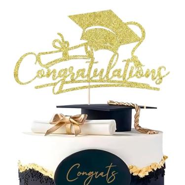 Imagem de Congratulations Cake Topper, Gold Glitter Parabéns Grad Cake Topper com boné de formatura e diploma para celebração da festa de formatura de 2026
