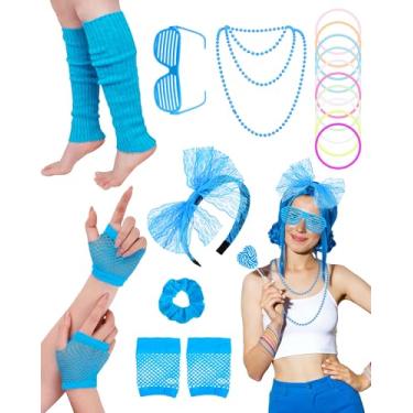 Imagem de obeoby Conjunto de acessórios para festa dos anos 80 anos 90, renda, colar, baile de máscaras, retrô, festa, Azul, One Size