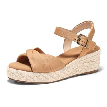 Imagem de Coutgo Sandálias femininas plataforma salto plataforma alpargatas bico aberto tira no tornozelo lona torcida verão praia sapatos, Marrom claro, 41