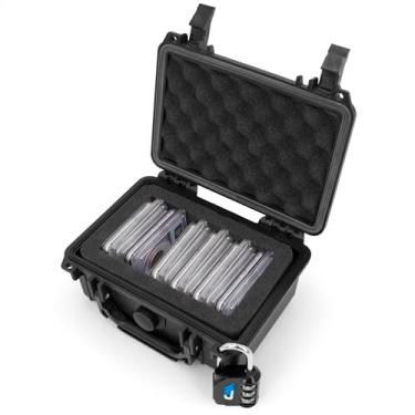 Imagem de CASEMATIX Caixa de moedas classificada compatível com 15+ placas de moedas NGC ou PCGS ou moedas, caixa de armazenamento de moedas à prova d'água com espuma personalizável caberá na maioria dos suportes de moedas para colecionadores, inclui cadeado