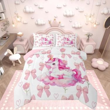 Imagem de Erosebridal Jogo de cama solteiro com laço rosa para meninas, unicórnio, para crianças, adolescentes, mulheres, decoração de quarto feminino, moderno, princesa, com laço, coração, floral, edredom