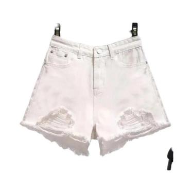 Imagem de Shorts De Denim Branco Com Cintura Alta E Franjas Para Mulheres, Estil