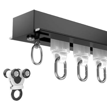 Imagem de Trilho de cortina de teto embutido - conjunto de varão divisor de privacidade invisível com rolos e acessórios para sala de estar, quarto, armário, portas deslizantes - preto, 130 cm (4,3 pés)