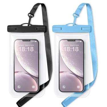 Imagem de Bolsa de telefone à prova d'água compatível com iPhone 16/15 Pro Max e Galaxy S24+/S23 7 polegadas capa de telefone à prova d'água com cordão, IPX8 itens essenciais para viagem na praia, preto e azul