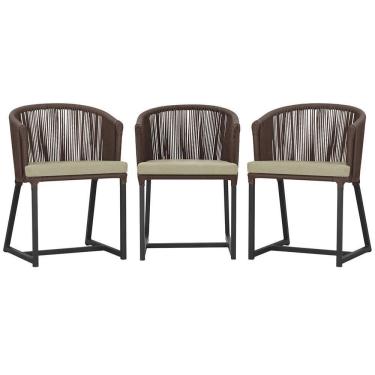 Imagem de 3 Cadeiras De Jantar Noronha Preta Corda Náutica E7 Trama Marrom
