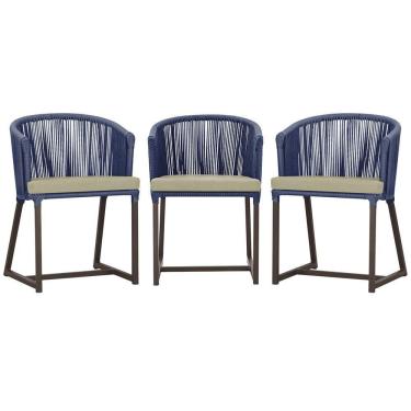 Imagem de 3 Cadeiras De Jantar Noronha Marrom Corda Náutica E7 Trama Azul
