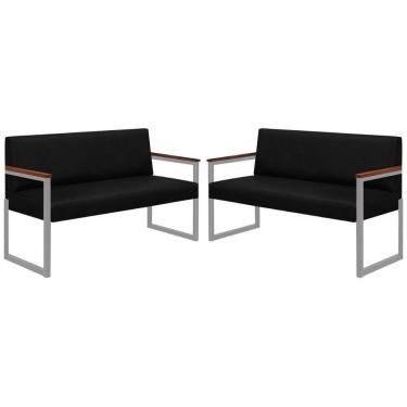 Imagem de Conjunto 2 Sofás De 2 Lugares Niterói Couro Preto Em Metal Champanhe