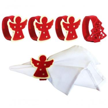 Imagem de Jogo Porta Guardanapo Natal Anjo Pinheiro Vermelho Anel 4 Pç