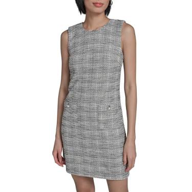 Imagem de Karl Lagerfeld Minivestido feminino sem mangas com decote em V e laço evasê, Preto/branco macio, 42