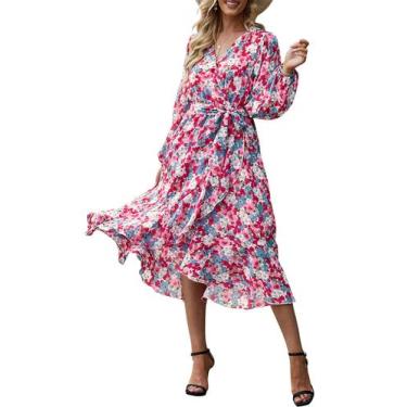 Imagem de Vestido PRETTYGARDEN Floral Rosa Manga Longa Envelope Maxi L