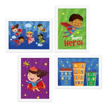 Imagem de Quadros Super Heróis na Cidade Moldura Branca 4un 33x43cm - Quartinhos