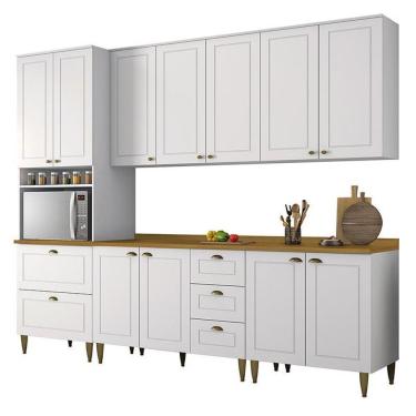 Imagem de Cozinha Completa 5 Peças Americana Branco Com Torre Quente, Tampo Nature E Pés - Móveis Henn Branco