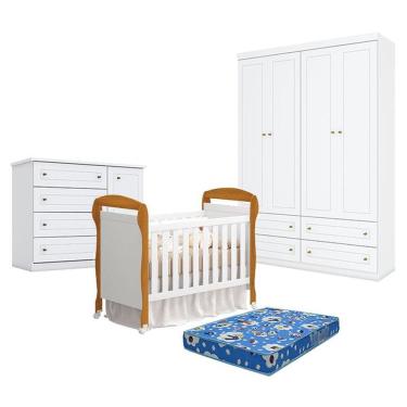Imagem de Quarto De Bebê Americano 4 Portas Com Berço Danny Branco Acetinado Savana Reller E Colchão Tendtudo - Henn.