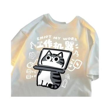 Imagem de Camiseta Feminina Com Estampa De Gato, Estilo Japonês, Verão, Respiráv