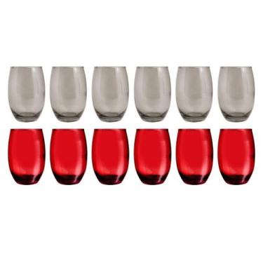 Imagem de Kit 12 Copos de Vidro 450ml 6 Vermelho + 6 Cinza Redondo - PRATICASA, 