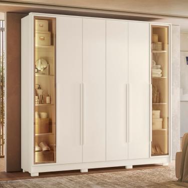 Imagem de Guarda Roupa Casal com Vidro Reflecta LED 6 Portas e Pés Napoli Albatroz - Off White