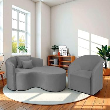 Imagem de Kit Recamier Curvo Sala De Estar 150cm Lado Direito E Poltrona Orgânica Luxo Luiza Max Bouclé Cinza