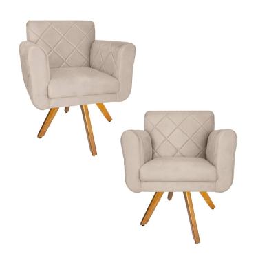 Imagem de Jogo 2 Poltrona Decorativa Base Giratória De Madeira Salão Isabella Suede Bege - LM DECOR