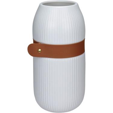 Imagem de VASO DECORATIVO ENFEITE PLANTA APARADOR COM CINTA CERÂMICA 25x12x12cm BRANCO
