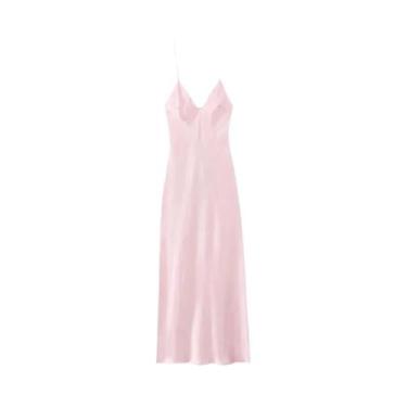 Imagem de Vestido Longo De Cetim Rosa Sem Costas Para Mulheres, Vestido Midi Ama