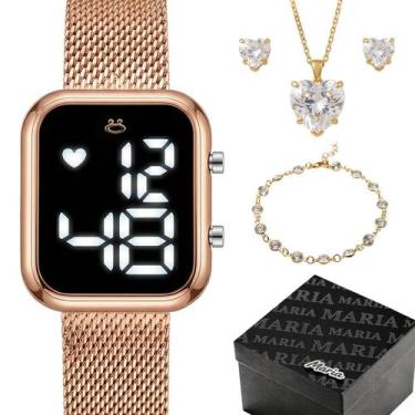 Imagem de Relogio Digital Feminino + Caixa + Pulseira social folheado ouro casua