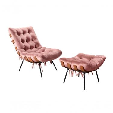 Imagem de Poltrona com Puff Costela Decorativa Veludo Fibra Siliconada Rosê Bella Decor