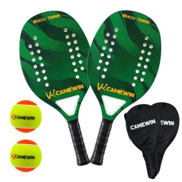 Imagem de Kit 2 Raquetes Beach Tennis Camewin Carbono + 2 Bolinhas, Verde milita
