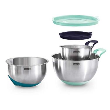 Imagem de DASH Tigelas de mistura de aço inoxidável com tampas, base antiderrapante de silicone com linhas de medição e filtro, conjunto de 3 tigelas - 1,5 litro, 3 litros e 5 litros - azul sortido