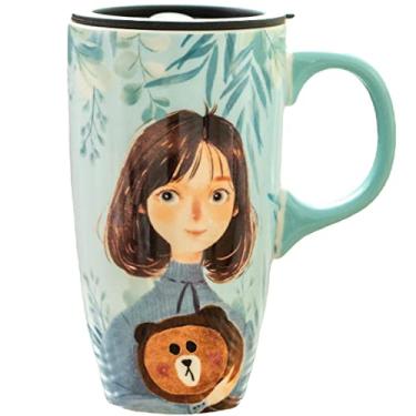 Imagem de Caneca de menina da floresta com tampa com pintura de cerâmica xícara de café caneca de leite desenho animado xícara de chá para escritório casa (urso azul gril)