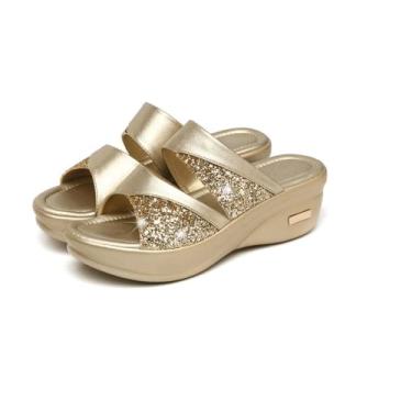 Imagem de Anvirtue Sandálias femininas confortáveis com glitter plataforma plataforma PU para verão casual cristal strass sandálias, Dourado, 9